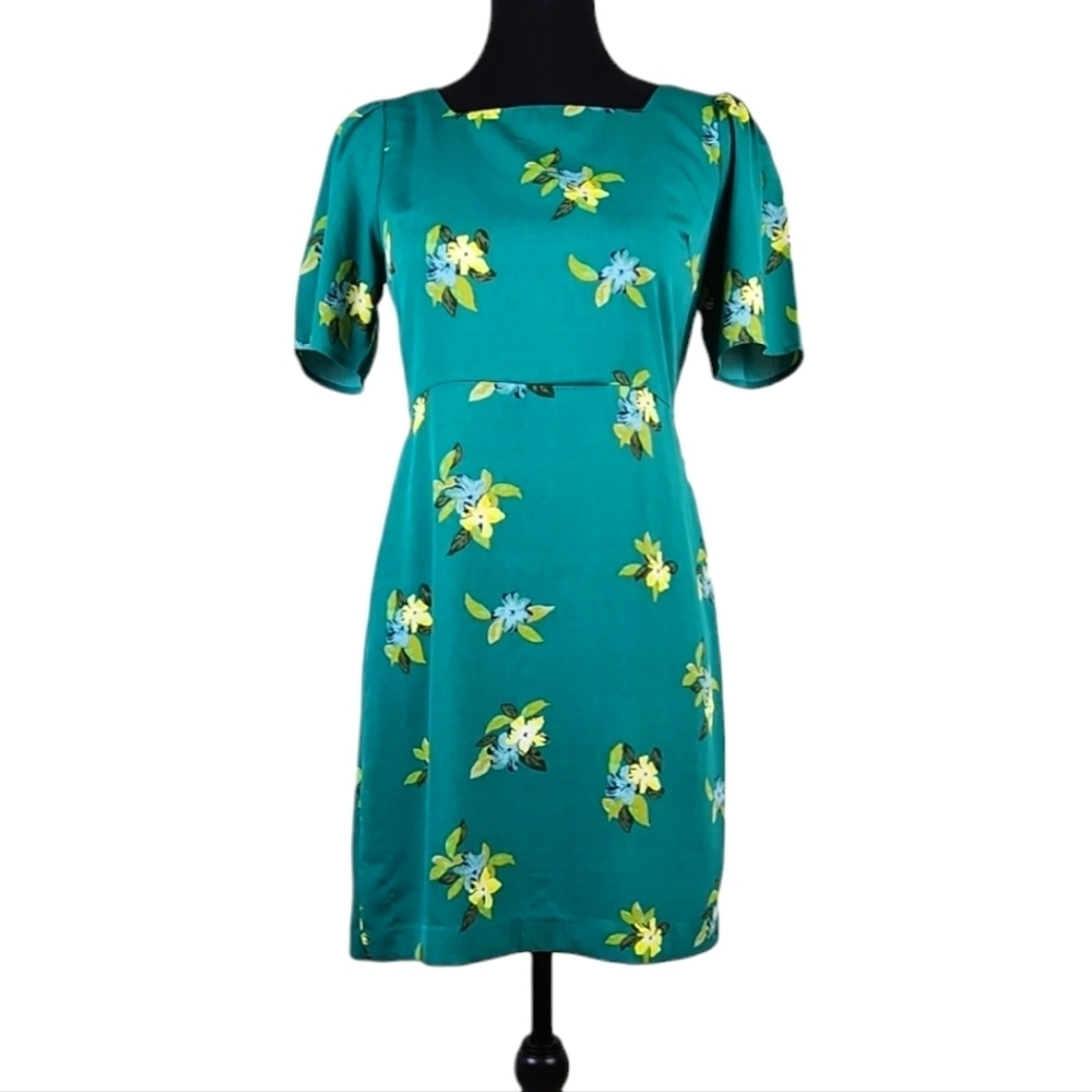 Ann Taylor Green and Yellow Floral Sheath Mini Dress Square neckline Size 2P